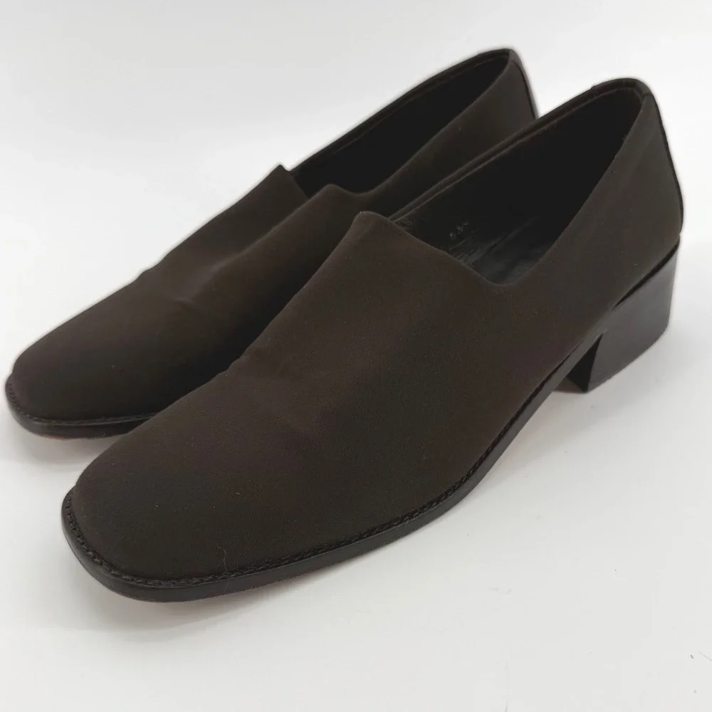 Donald J Pliner Vtg Brown Stretch Fabric Square Toe Loafers Made in Spain 6.5